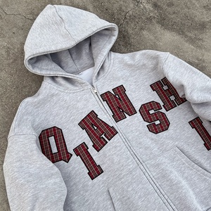 Sweat-shirt à capuche zippé unisexe Qianshi gris, décontracté, à carreaux, imprimé lettres, coupe classique, pour l'automne - Product Image 5