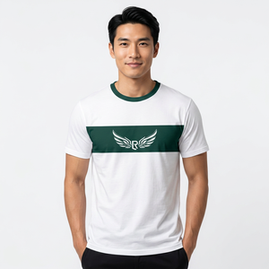 เสื้อยืดแขนสั้นสีขาวสำหรับผู้ชาย คอโอ ลายทางแนวนอนสีเขียวเข้ม ทรงลำลอง ผ้าถัก ทรงปกติ - Product Image 3