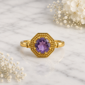 S925 Natural Amethyst Gemstone Rings Gold Plated Sterling Silver Ornate Band Prong <b>Set</b> Classic Women Anniversary Ring Wholesale - Product Image 1
