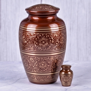 Urna Funeraria de Latón con Patrón de Hojas Azules y Plateadas, Acabado Metálico, para Cenizas Humanas, Urna Conmemorativa - Product Image 2