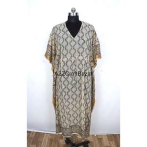 Robe Kaftan Midi en Coton Pur à 100% à Motifs Floraux Fabriquée à la Main en Inde, Col en V, Robe de Soirée Confortable pour Femmes - Product Image 2