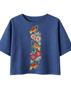 Camiseta Corta Azul Marino para Mujer, Bordado Floral de Aves, Manga Corta, Informal, de Moda, Mezcla de Algodón Suave, Top de Verano para Mujer, Venta al por Mayor - Product Image 1