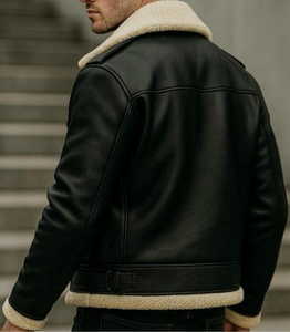 Blouson Bomber en Cuir Noir Effet Peau de Mouton Style Urbain Hivernal - Col Montant Imperméable & Respirant Couleurs Personnalisables & Logo Frontal - Product Image 5