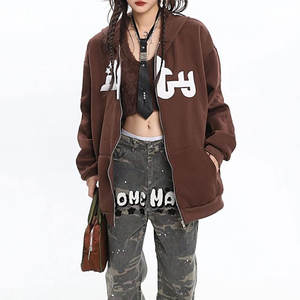 Sweat-shirt à capuche zippé en coton mélangé, imprimé flocage lettres, style streetwear décontracté, polyvalent, coupe ample et épaisse, basique - Product Image 3