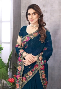 KV Traditional Party Rayon Unstitched Georgette Blouse Material Embroidered Saree Wrinkle-Free Reversible Quick-Dry - Product Image 2