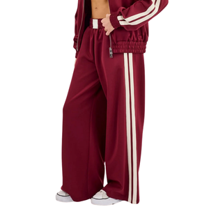 Womens Full <b>Zip</b> High Collar Tracksuit Set Three <b>Side</b> Stripe Top Wide Leg <b>Trousers</b> Elastic Drawstring Waist 2 Piece Casual Outfit - Product Image 5