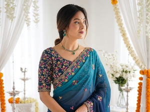 Sari Tradicional Indio para Mujer, Azul, de Seda, con Bordado Floral, Largo hasta el Suelo, Corte Regular, para India - Product Image 5