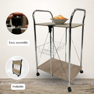 OEM/ODM Customized Double Iron Frame Tea <b>Trolley</b> with Foldable Basket Modern Steel Kitchen <b>Trolley</b> - Product Image 4