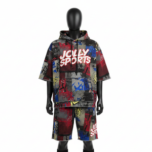ชุดฮู้ดดี้และกางเกงขาสั้นผู้ชาย ผ้าโพลีเอสเตอร์อินเตอร์ล็อคเจอร์ซีย์ 200 GSM ลายกราฟิกหลากสี สตรีทแวร์ โลโก้สั่งทำได้ - Product Image 1