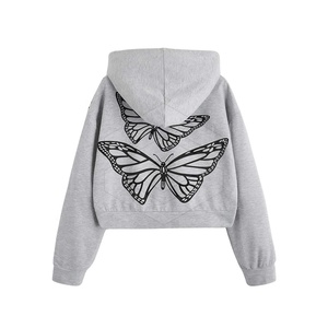 Women's 100% Cotton Cropped Hoodie with Zipper Long Sleeve Hooded <b>Top</b> Casual Winter <b>Crop</b> Hoodies Sustainable Woven Fabric - Product Image 2