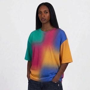 Camiseta Oversize de Mujer con Estampado Tie-Dye, Cuello Redondo, Manga Corta, Ajuste Holgado, Bloques de Color Degradado, Algodón Jersey, Estilo Primavera-Verano - Product Image 1