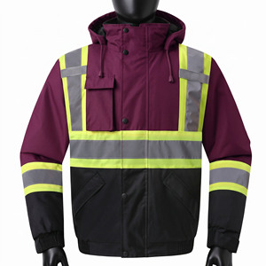 Premium 300 GSM Polyester Oxford Work Jacket Burgundy <b>Black</b> Hi Vis Reflective Panels Hooded Safety <b>Coat</b> Custom Logo Wear - Product Image 1