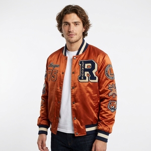 Veste de baseball personnalisée brodée avec un motif graphique, en satin bleu turquoise, pour homme, style universitaire, streetwear, bomber - Product Image 3