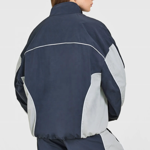 OEM Custom Logo Women Navy Color Block Windbreaker Jacket, Lightweight Zip up <b>Athletic</b> Track Top Street Wear - Product Image 2