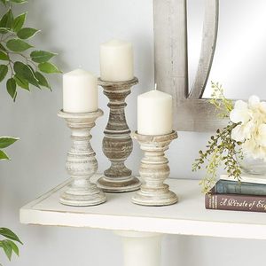 Rustic Distressed <b>White</b> Wooden Candle Holder Set Vintage Farmhouse Decorative Pillar Candle Stand Home <b>Table</b> Decor - Product Image 4