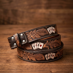 Personalized Retro Ace of Cards Engraved Cowhide Western <b>Leather</b> Tooling <b>Belt</b> Unisex Premium Quality Lowest Price Designer <b>Belts</b> - Product Image 5