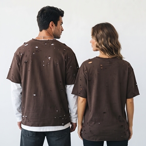 T-shirt unisexe surdimensionné pour hommes et femmes, style streetwear, imprimé graphique vieilli, à manches courtes, avec lettres imprimées, double couche - Product Image 3