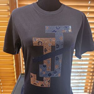 <b>Women</b> <b>Black</b> Rhinestone Graphic T <b>Shirt</b> Short Sleeve Crew Neck Crystal Embellished Casual Fashion Tee Custom Wholesale Apparel - Product Image 1