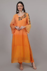 Ensemble 2 pièces pour femme Royal Party Wear, Kurta et pantalon ombré couleur orange avec broderie fil ancre, pour les amateurs de mode élégante - Product Image 3