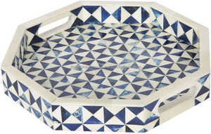 Plateau de service hexagonal fait main en os incrusté, bleu et blanc, avec poignée, vaisselle de cuisine, article cadeau - Product Image 2