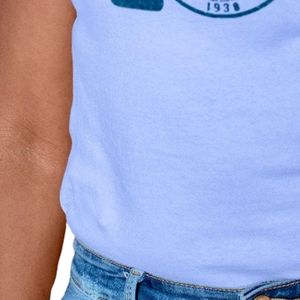 Women's Light Blue Short Sleeve Crew Neck <b>T</b> <b>Shirt</b> with Teal <b>LOVE</b> Lettering and Circular Emblem Graphic Casual Everyday Fashion - Product Image 6