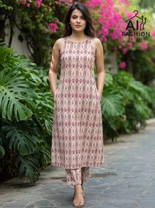 Latest Summer Collection Cotton Printed Kurta <b>Pant</b> Set Sleeveless A <b>Line</b> Tunic Palazzo <b>Pants</b> for Daily Casual Wear for Women Fit - Product Image 2