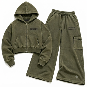 Ensemble survêtement homme Vocksin vintage vert olive avec sweat à capuche zippé et pantalon cargo ample en molleton de coton premium pour l'hiver - Product Image 5