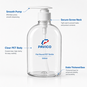 Botella de PET Transparente, Plana y Redonda de 500 ml con Bomba para Jabón de Manos, Champú, Gel de Ducha, Loción, Fabricación en Vietnam - Product Image 3