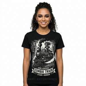 T-shirt graphique personnalisé Steampunk Zombie Train pour femme, imprimé industriel vintage, fabricant de vêtements d'horreur steampunk en gros - Product Image 1