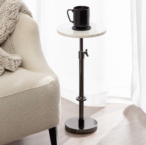 Black Adjustable Drink <b>Table</b> with White Marble Top and Metal Base Modern Height Adjustable Accent Side <b>Table</b> for <b>bar</b> accessory - Product Image 1