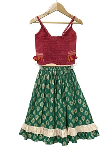 Twisha – Haut sans manches en coton tissé à rayures avec lehenga imprimé – Rose et vert – Pour fille - Product Image 3