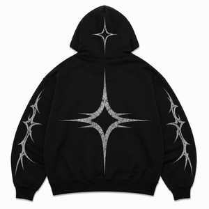 Men's Black Hoodie Geometric Print French Terry Cotton Casual Streetwear Sweatshirt Regular Fit Winter Breathable Acid Wash 350g - Product Image 2