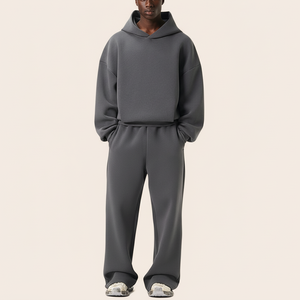Ensemble de survêtement gris à capuche pour homme, 100 % coton, couleur unie, coupe ample, décontracté, longueur intégrale avec poches latérales, pour l'automne - Product Image 1