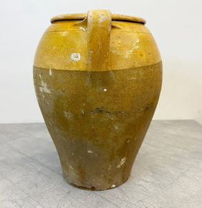 Vase en poterie jaune antique émaillée avec poignées, urne en céramique vintage, décoration rustique de style ferme, décoration d'intérieur - Product Image 4