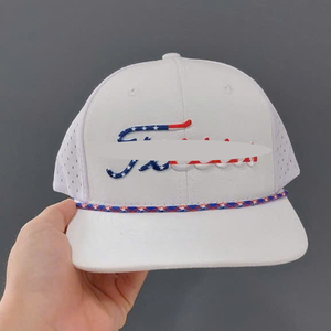 Wholesale Custom 6 Panel <b>Flat</b> Brim Hat High Quality Rubber Patch Logo <b>White</b> Polyester Gorras Laser Cut Hole Rope Baseball Hat - Product Image 2