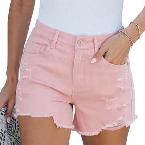 Shorts en jean personnalisés pour femmes, taille basse, boutonnés, coupe ajustée, style simple, avec poches. - Product Image 1