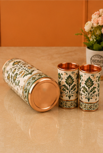 Juego de Botella y Taza de Agua de Cobre con Diseño Floral Verde de Lujo, Botella de Cobre Estampada a Mano con Vasos a Juego, Diseño Botánico - Product Image 6