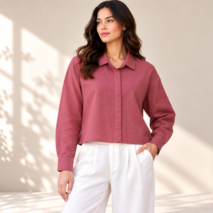 Lightweight Women's Girls Crop <b>Shirt</b> Casual Solid <b>Summer</b> <b>Linen</b> Mandarin Collar Loose Fit Eco-Friendly Breathable Party High - Product Image 3