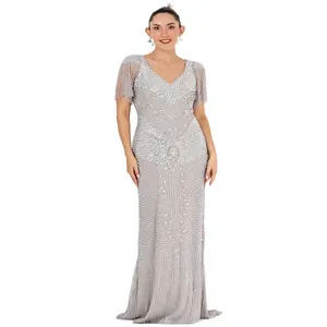 Robe de bal longue en perles argentées, col en V, manches courtes, effet illusion, moulante, pour soirée - Product Image 1