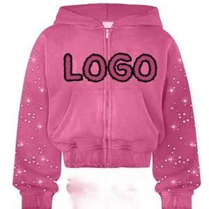 Survêtement rose à capuche pour filles, manches longues, imprimé pailleté, logo en strass, coupe décontractée, tenue d'automne - Product Image 3