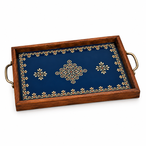 Elegante Bandeja de Servir Moderna de Madera Natural Esmaltada |   Plato Rectangular con Asas, Diseño Geométrico Azul Marino y Dorado, para Café, Té y Comida - Product Image 1