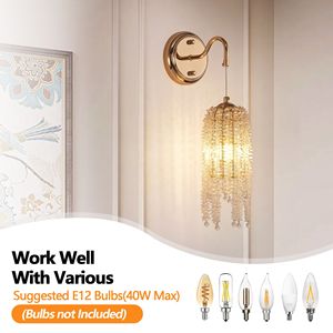 Set of 2 Elegant <b>Gold</b> Frame Cascading Crystal Bead <b>String</b> Wall Sconces E12 Bulb Socket Living Room Hanging Light Fixture - Product Image 6