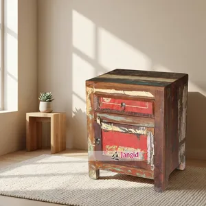 Reclaimed Vintage Bohemian Style Old Wooden Bedside <b>Storage</b> <b>Drawer</b> Table Cabinet Double Tier Standing Type for Living Room - Product Image 3