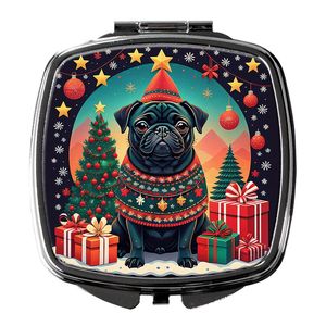 Espejo de maquillaje de viaje compacto de Navidad de Pug negro Regalo de diseño de mano plegable para mujeres y niñas - Product Image 1