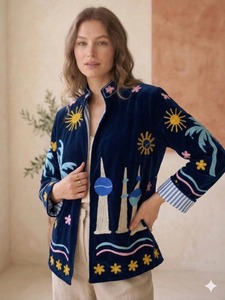 Mandarin Collar Velvet Embroidered Jacket Boho Tropical Print Long Sleeve Loose Fit Spring Outerwear Hand Embroidery <b>All</b> Season - Product Image 2