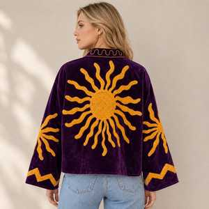 Blazer morado de terciopelo con patrón de sol bordado, cuello alto, manga larga, chaqueta para mujer, ropa de otoño - Product Image 2