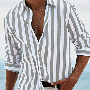 Camisa a Rayas Tejida de Color para Hombre, Recién Llegada, Personalización de Alta Calidad con Logotipo, Camisa Informal Holgada de Manga Larga de Algodón y Lino, OEM - Product Image 1