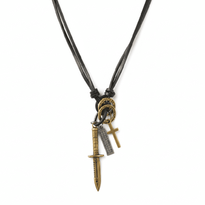 Fashion Necklace Knight Golden Sword Pendant 2.5-Inch Pure Stainless Steel with Adjustable Leather <b>Rope</b> for Men & Boys - Product Image 3