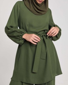 Ensemble 2 pièces vert olive pour femme : Tunique à manches longues et pantalon large décontracté, coupe ample et respirante - Product Image 6