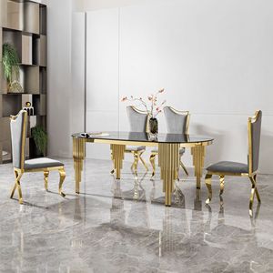 79.53\" Black Glass <b>Top</b> Oval <b>Dining</b> <b>Table</b> with Gold Stainless Steel Base Accommodates 8 Seaters - Product Image 3